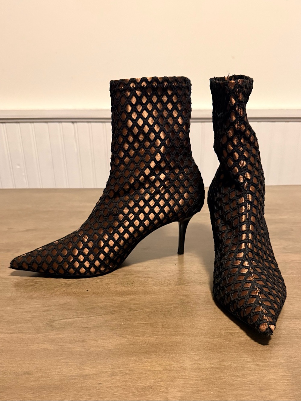 Zara Black Mesh Pointed Ankle Booties with Nude Underlay